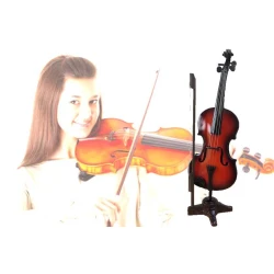 handgemaakte viool (rood/bruin) met strijkstok en standaard ca. 16 cm